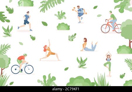 Junge Menschen in Sportkleidung tun sportliche Aktivitäten im Park Vektor flache Illustration. Männer und Frauen fahren Fahrrad, laufen, Yoga, Pilates und Stretching im Freien. Gesundes Lifestyle-Konzept. Stock Vektor