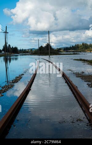 Bahngleise in Coos Bay, Oregon unter Wasser. Vertikales Bild. Stockfoto