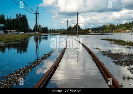 Bahngleise in Coos Bay, Oregon unter Wasser. Stockfoto