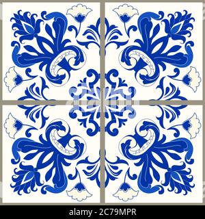 Majolika-Keramikfliesen, blaue und weiße Azulejo, original traditionelle portugiesische und spanische Einrichtung. Nahtloses Damast-Muster. Handgezeichnetes Muster.Vektor Stock Vektor