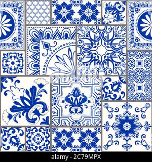 Satz von Fliesen Azulejos in blau, weiß. Original-Einrichtung im traditionellen portugiesischen und spanischen Stil. Keramikfliesen im talavera Stil. Gaudi Mosaik. Vektor Stock Vektor
