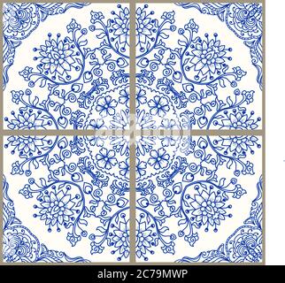 Majolika-Keramikfliesen, blaue und weiße Azulejo, original traditionelle portugiesische und spanische Einrichtung. Nahtloses Damast-Muster. Handgezeichnetes Muster.Vektor Stock Vektor
