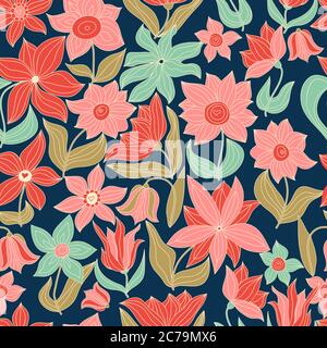 Nahtlose bunte Blumenmuster im Folk-Stil mit Blumen, Blättern. Von Hand gezeichnet. Vektorgrafik. Stock Vektor