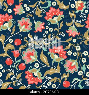 Nahtlose bunte Blumenmuster im Folk-Stil mit Blumen, Blättern. Von Hand gezeichnet. Vektorgrafik. Stock Vektor