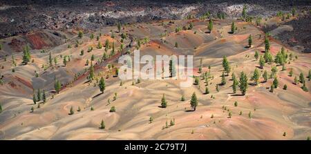 Bunte Landschaft mit roter, oranger Asche, Lavabetten in Painted Dunes im Lassen National Forest Stockfoto