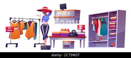 Modegeschäft, Tuchladen Inneneinrichtung Schaufensterpuppe, Kleidung Regale, Tisch mit Rabatt Produktion, Counter Schreibtisch mit pc, Kleiderbügel mit Kleidern, Verkauf Banner. Cartoon Vektorgrafik, isolierte Menge Stock Vektor