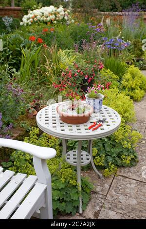 Gartenbank und Tisch auf der Terrasse. England Stockfoto