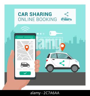 Car Sharing App: Mann, der sein Auto online mit einer mobilen App bucht Stock Vektor