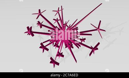 Explosionsständer mit Schatten. 3D-Illustration von metallischen Skulptur auf weißem Hintergrund mit milder Textur. Abstrakt und Design Stockfoto