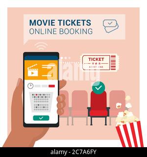 Kinokarten online buchen auf Smartphone-App: Hand halten ein Handy und kaufen ein Ticket, Kino Sitze im Hintergrund Stock Vektor