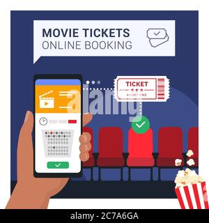 Kinokarten online buchen auf Smartphone-App: Hand halten ein Handy und kaufen ein Ticket, Kino Sitze im Hintergrund Stock Vektor