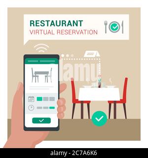 Virtuelle Reservierung Restaurant: Benutzer, der einen Tisch im Restaurant über eine mobile App auf seinem Smartphone bucht Stock Vektor