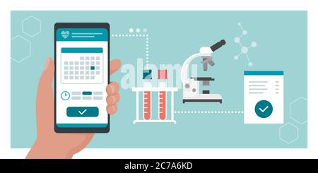 Buchen Sie Ihren medizinischen Labortest online: Patient bucht seinen Test mit einer mobilen App, Mikroskop und Reagenzgläsern im Hintergrund Stock Vektor
