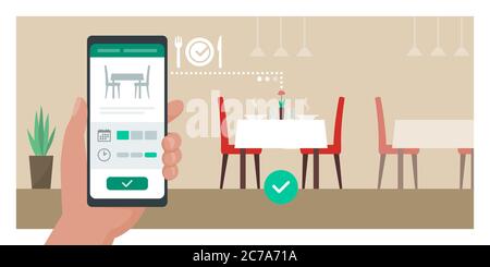 Virtuelle Reservierung Restaurant: Benutzer, der einen Tisch im Restaurant über eine mobile App auf seinem Smartphone bucht Stock Vektor