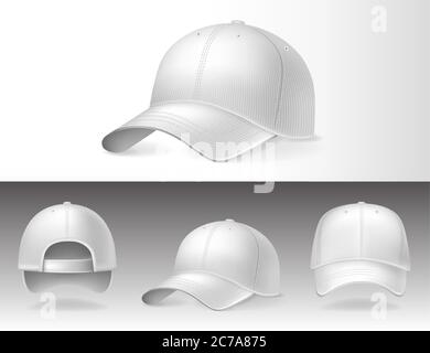 Baseball Caps von verschiedenen Seiten auf weißem Hintergrund. Sport Kopfbedeckung mit Mockup für Design, realistische Vektor Illustration Kollektion Stock Vektor