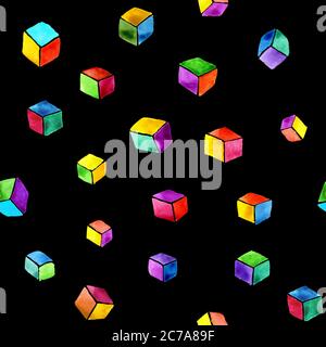 Abstraktes Aquarell nahtloses Muster von bunten Würfel auf schwarzem Hintergrund. Handzeichnung und digitalisiert. Design für Tapeten, Textilien, Stoff, Buchdruck, Verpackung. Stockfoto