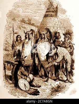 Eine Illustration aus den USA von 1880, die einen indianischen Medizinmann zeigt, der eine Zeremonie durchführt. Stockfoto