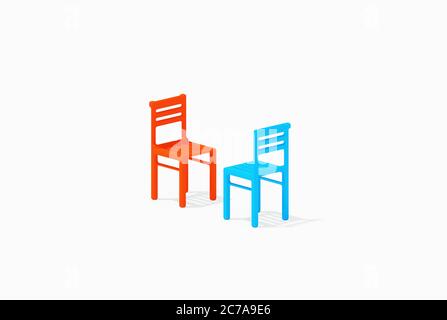 Blaue und rote Sitze bleiben zusammen frontal, Face to Face Interview Konzept, 3D gerenderte Illustration der Konfrontation Konzept. Dialogfeld „Rand“ Stockfoto