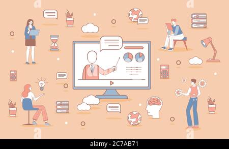 Online-Bildung Banner Design. Glückliche Menschen in Freizeitkleidung Lernen Abstand Vektor Cartoon skizzieren Illustration. Digital modernes Klassenzimmer, Schulungen, Workshops und Kurskonzept. Stock Vektor