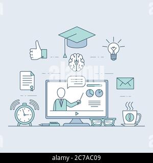 Bannerkonzept Online-Bildung. Computerbildschirm mit Lektion und Arbeitsbereich Vektor Cartoon skizzieren Illustration. Fernstudium, digitales Klassenzimmer, modernes Online-Kurskonzept. Stock Vektor