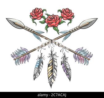 Handgezeichnetes Boho-Design mit Rosenblüte, Pfeil und Federn. Vektor-Illustration im Tattoo-Stil. Stock Vektor