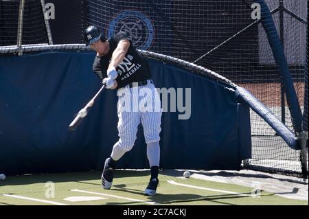 Bronx, Usa. Juli 2020. Der New York Yankees-Rechtsfeldspieler Aaron Judge nimmt am Mittwoch, den 15. Juli 2020, während eines Sommertrainings im Yankee Stadium an der Schlägerpraxis an. Foto von Corey Sipkin/UPI Kredit: UPI/Alamy Live News Stockfoto