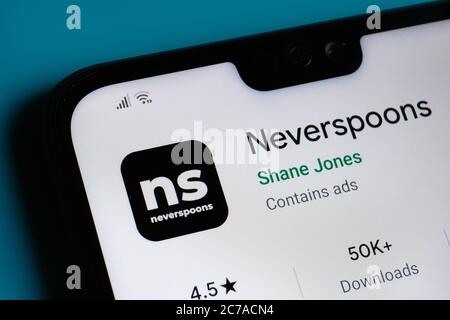 Stone / UK - Juli 15 2020: Neverpons App auf der Ecke des Mobiltelefons gesehen. Stockfoto