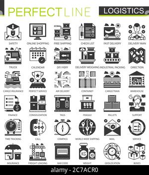 Logistik Transport schwarz Mini-Konzept-Symbole und Infografik-Symbole Stock Vektor