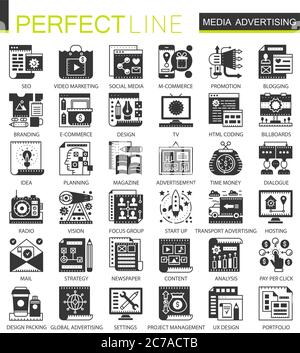 Medienwerbung schwarze Mini-Konzept-Symbole und Infografik-Symbole Stock Vektor