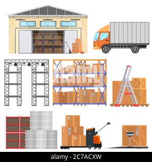 Symbole für flache Vektor-Ausrüstung für Lager und Logistik. Lieferwagen, Lager, Lager und Frachtkästen Stock Vektor