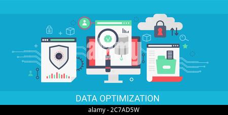 Flaches modernes Vektor-Konzept Datenoptimierungs-Banner mit Icons und Text Stock Vektor