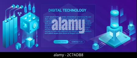 Kryptowährung, ico und Blockchain Banner Konzept, datengetriebenes Zentrum, Cloud-Datenspeicher, bietet Technologie Vektor Illustration. Webdesign, Präsentation isometrisches Banner Stock Vektor