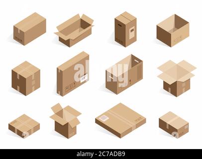 Isometrische realistische Karton-Lieferboxen. Geöffnete, geschlossene Logistikbox. Stock Vektor