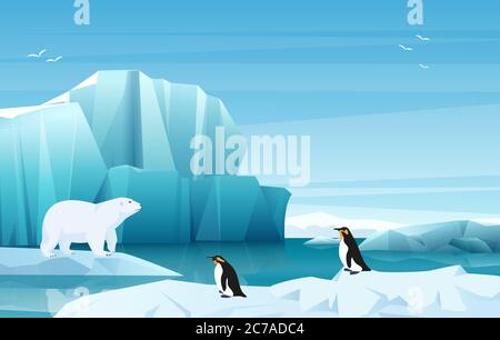 Cartoon Natur Winter arktische Landschaft mit Eisbergen. Weißer Bär und Pinguine. Vektor Spiel Stil Illustration Stock Vektor