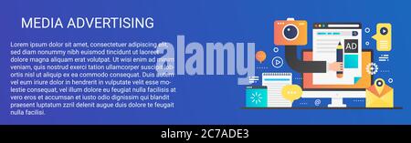 Moderner Vektor flacher Gradient Media Werbekonzept Banner mit Icons und Text Stock Vektor