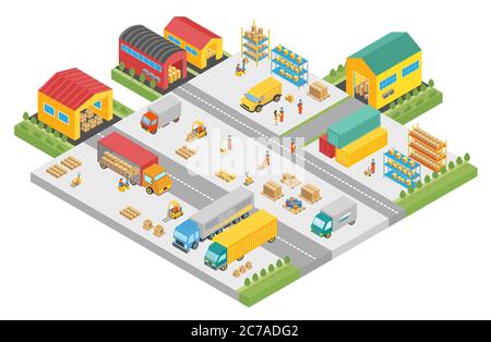 3d isometrischer Prozess der großen Lagerfirma. Lagergebäude außen quadratisch, Liefergeschäft, Frachtlager Vektor-Illustration Stock Vektor