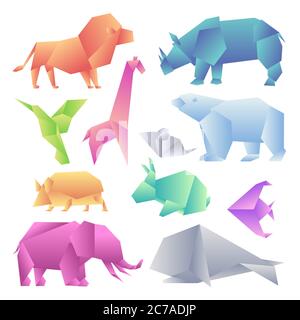 Low Poly moderne Gradienten Tiere Set. Origami Gradient Papier Tiere. Löwe Nashorn Kolibri Giraffe Maus Bär Igel Hase Fisch Elefant Wal Stock Vektor