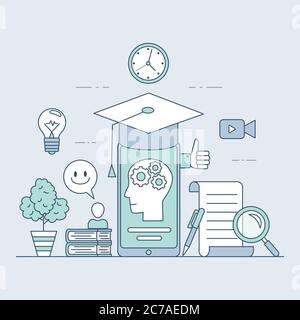 Online-Bildung, Ausbildung oder Kurse Karikatur skizzieren Konzept. Fernunterricht zu Hause, digitales Smart Classroom, moderne Bildung Illustration. Elektronisches Lernen auf dem Smartphone. Stock Vektor