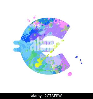 Spezielles Symbol Euro-Zeichen mit Wirkung von flüssigen Flecken Farbe in blau, grün, rosa Farben, isoliert auf weißem Hintergrund. Dekorationselement für die Gestaltung eines Flyers, Plakats, Kalenders, Deckblattes, Titels. Stock Vektor