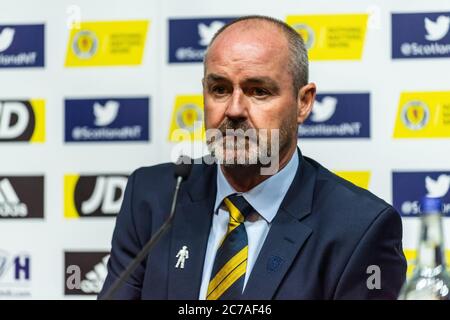 Glasgow, Schottland, Vereinigtes Königreich – 6. September 2019. Der Trainer der schottischen Fußballnationalmannschaft Steve Clarke bei einer Pressekonferenz Stockfoto