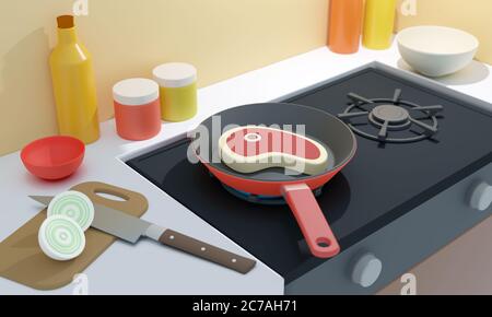 Kochen Steak in einer Pfanne Cartoon-Stil Dinette 3D-Computer Grafische Darstellung Stockfoto