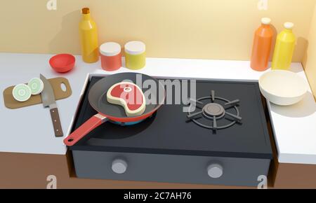 Kochen Steak in einer Pfanne Cartoon-Stil Dinette 3D-Computer Grafische Darstellung Stockfoto