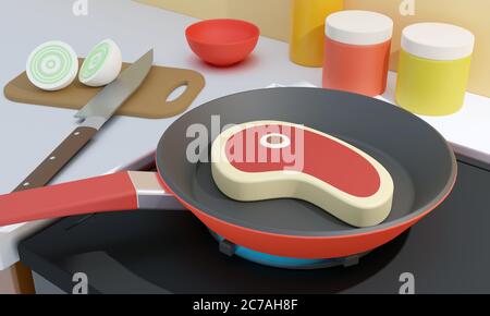 Kochen Steak in einer Pfanne Cartoon-Stil Dinette 3D-Computer Grafische Darstellung Stockfoto