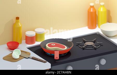 Kochen Steak in einer Pfanne Cartoon-Stil Dinette 3D-Computer Grafische Darstellung Stockfoto