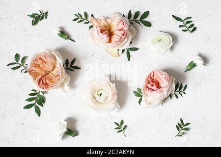 Florale Komposition mit rosa englischen Rosen, Ranunculus und grünen Blättern auf weißem Beton-Tischhintergrund. Blumenmuster. Flach liegend, Draufsicht Stockfoto