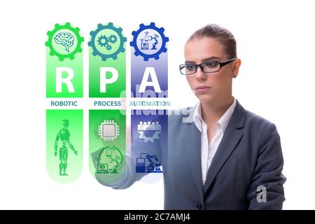 Geschäftsfrau drückt Tasten im RPA-Konzept Stockfoto