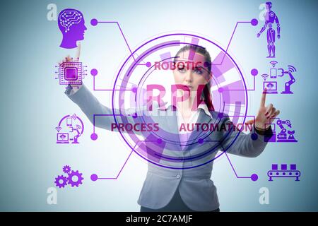 Geschäftsfrau drückt Tasten im RPA-Konzept Stockfoto