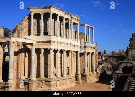 Merida, Badajoz Provinz, Extremadura, Spanien das erste Jahrhundert v. Chr. römisches Theater. UNESCO-Weltkulturerbe. Stockfoto