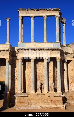 Merida, Badajoz Provinz, Extremadura, Spanien das erste Jahrhundert v. Chr. römisches Theater. UNESCO-Weltkulturerbe. Stockfoto