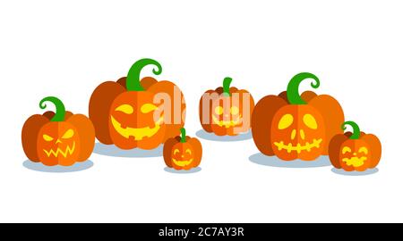 Halloween Kürbisse in verschiedenen Formen mit geschnitzten Gesichtern. Horizontales Banner mit Kürbissen. Vektor-Illustration für Halloween-Party. Stock Vektor